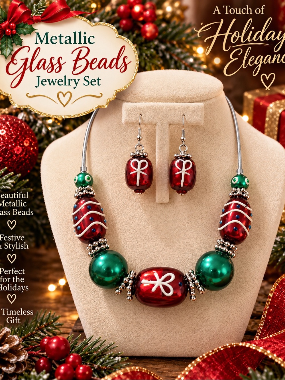 Festive Red & Green Metallic Glass Bead Necklace with Matching Earrings